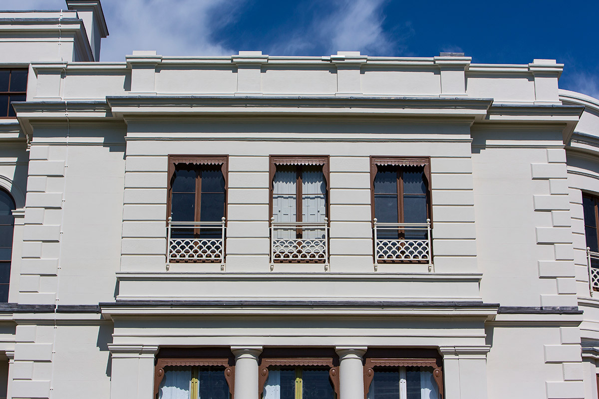 Detail of the facade of Gunnersbury Park Museum which was rennovated using Lime Green Roman Stucco